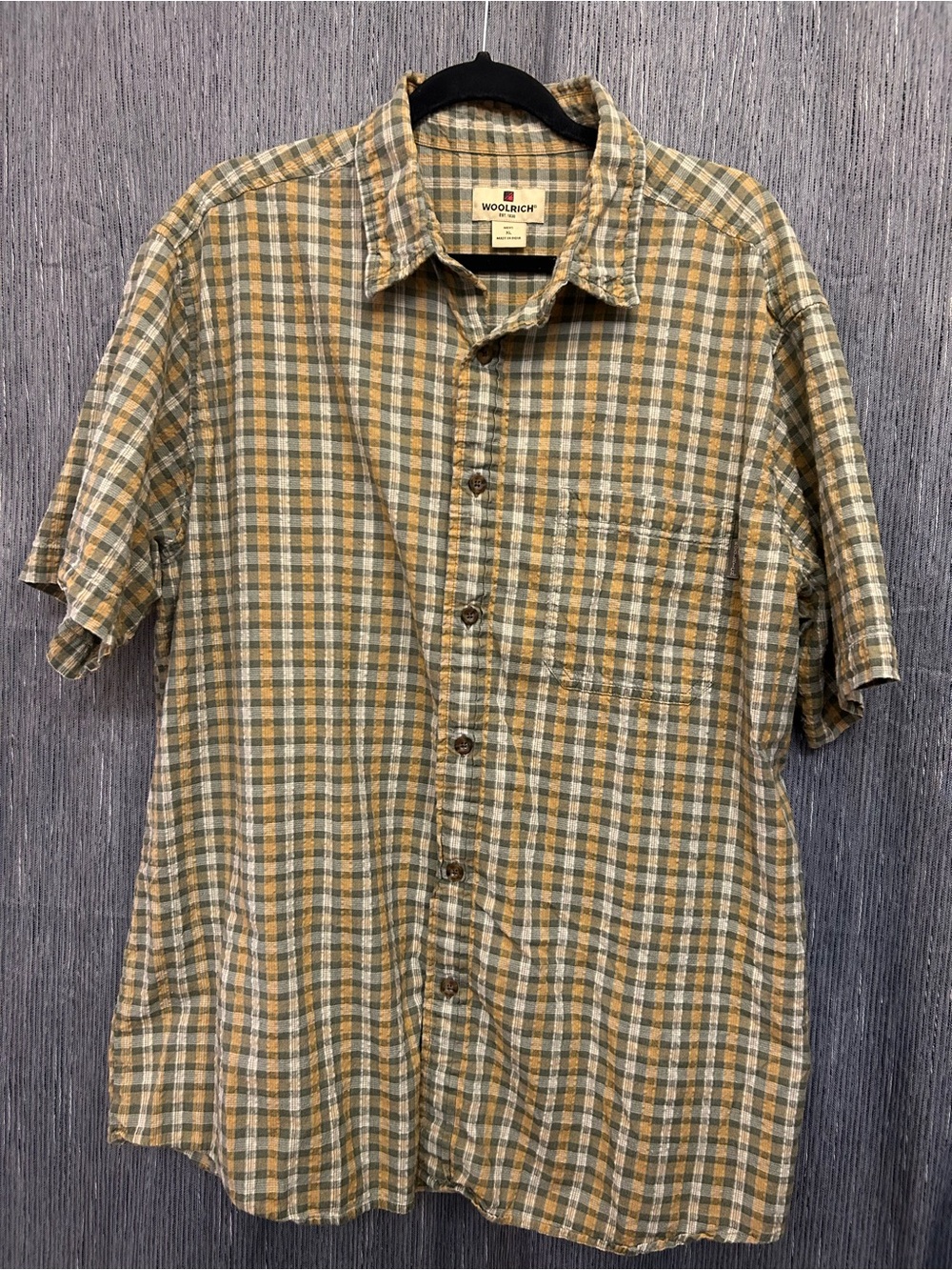 Woolrich XL men’s short sleeve button up, gorpcore, camp shirt, grandpacore